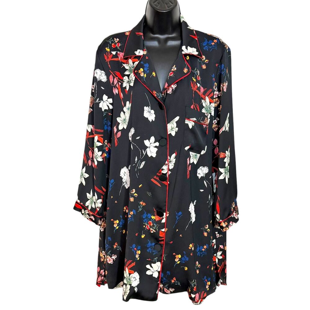 Zara Woman Large Black Floral Satin Pajama Sleep Shirt Dress Button Tunic Lounge
